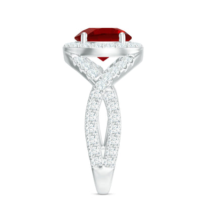 Lab Created Ruby Criss Cross Engagement Ring with Moissanite Halo