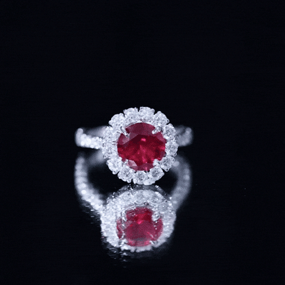 Round Lab Created Ruby and Moissanite Halo Engagement Ring
