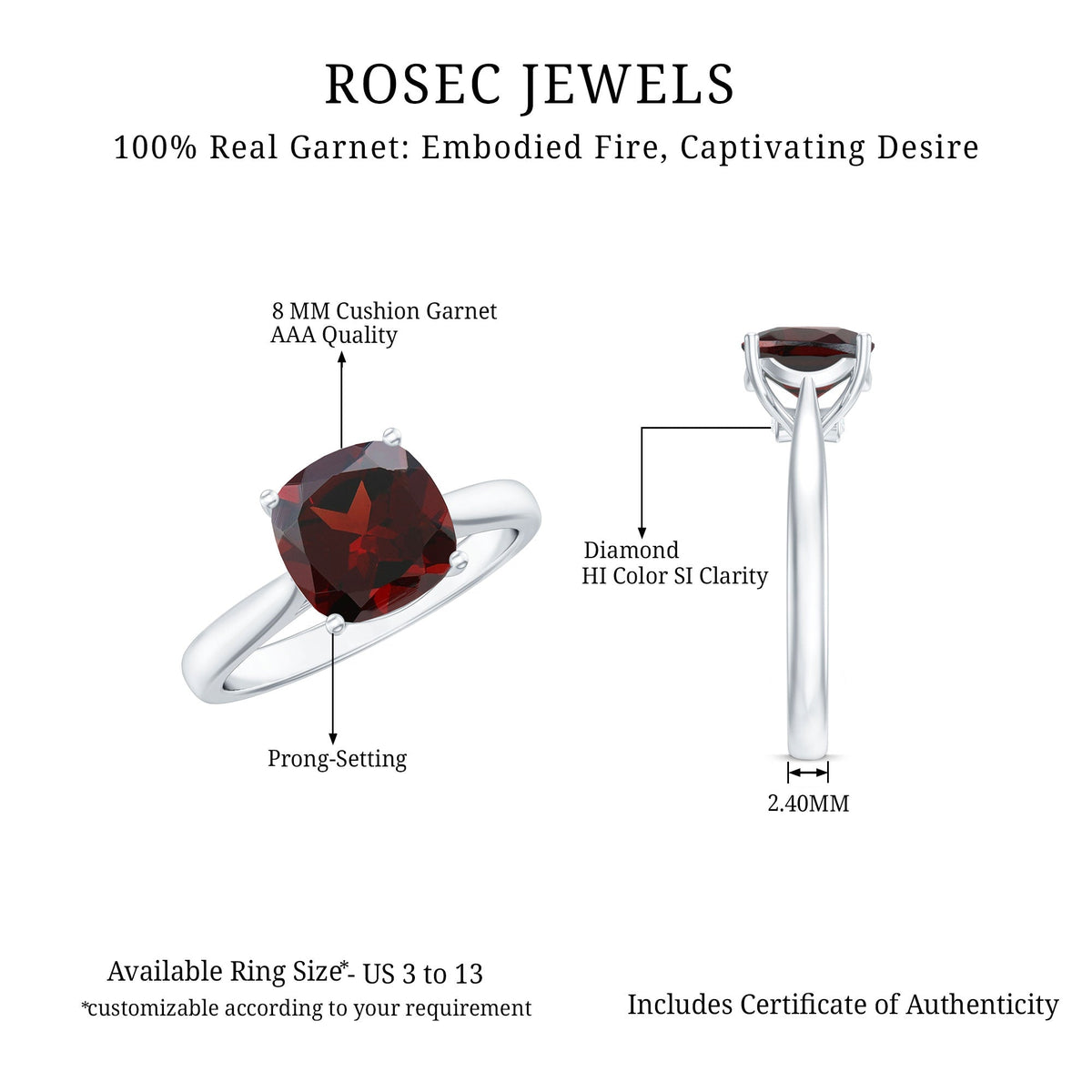3.2 Carat Natural Garnet Cushion Cut Engagement Ring with Surprise Diamond