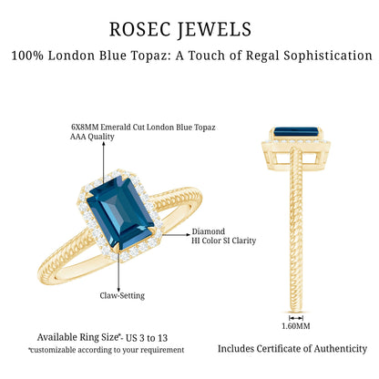 Emerald Cut Blue Topaz Engagement Ring with Diamond Halo