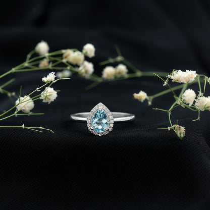 1 Carat Pear Cut Aquamarine Engagement Ring with Diamond Halo