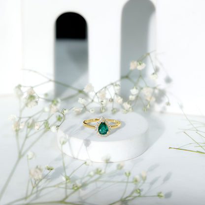Real Emerald Teardrop Engagement Ring with Diamond Halo