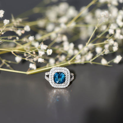 Real 8mm Cushion Cut London Blue Topaz Double Halo Engagement Ring with Moissanite