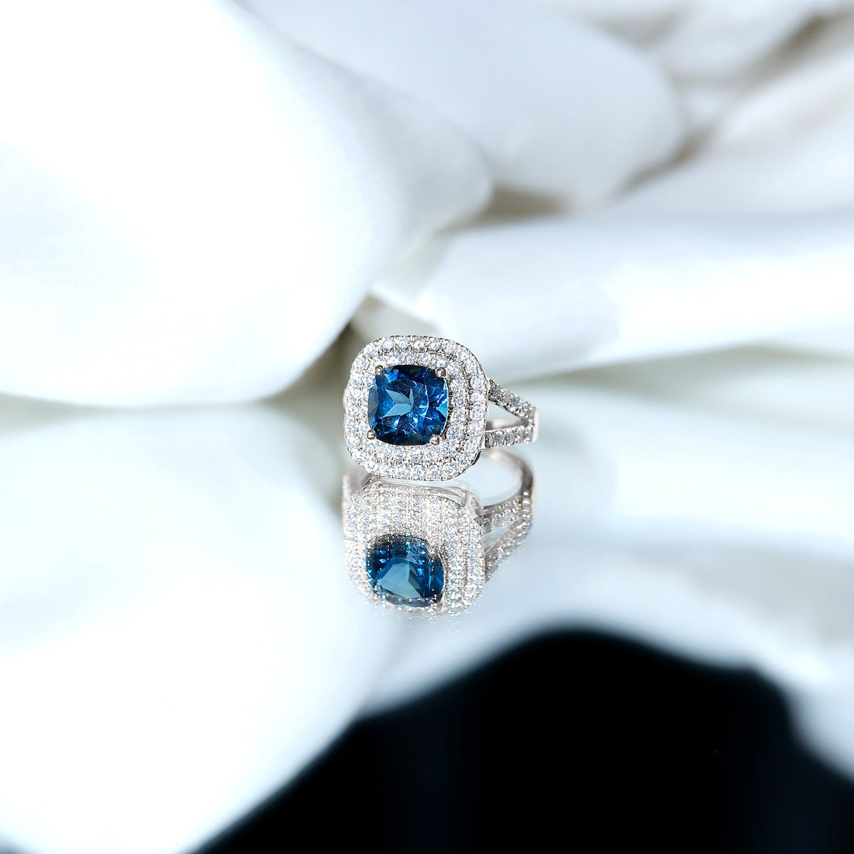 Real 8mm Cushion Cut London Blue Topaz Double Halo Engagement Ring with Moissanite