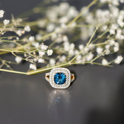 Real 8mm Cushion Cut London Blue Topaz Double Halo Engagement Ring with Moissanite