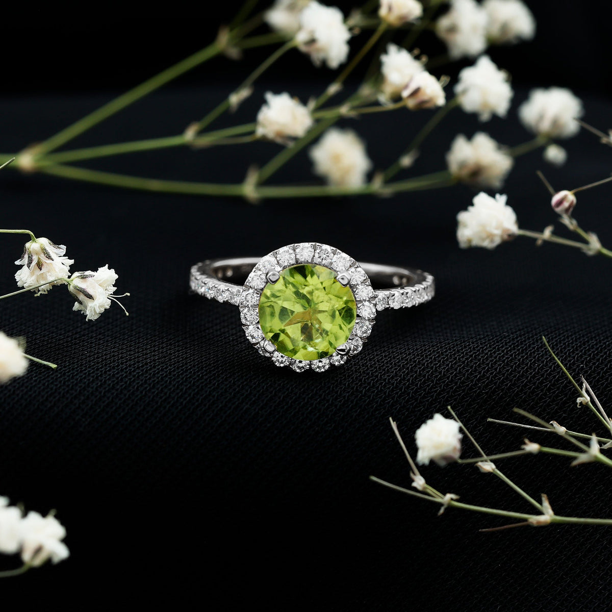 2 Carat Round Peridot Engagement Ring with Diamond Halo
