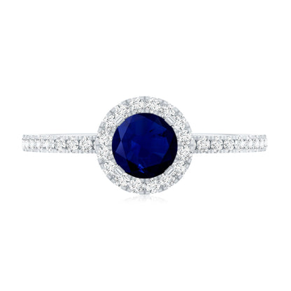 0.95 Carat Round Blue Sapphire and Diamond Halo Engagement Ring