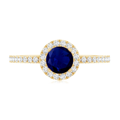 0.95 Carat Round Blue Sapphire and Diamond Halo Engagement Ring