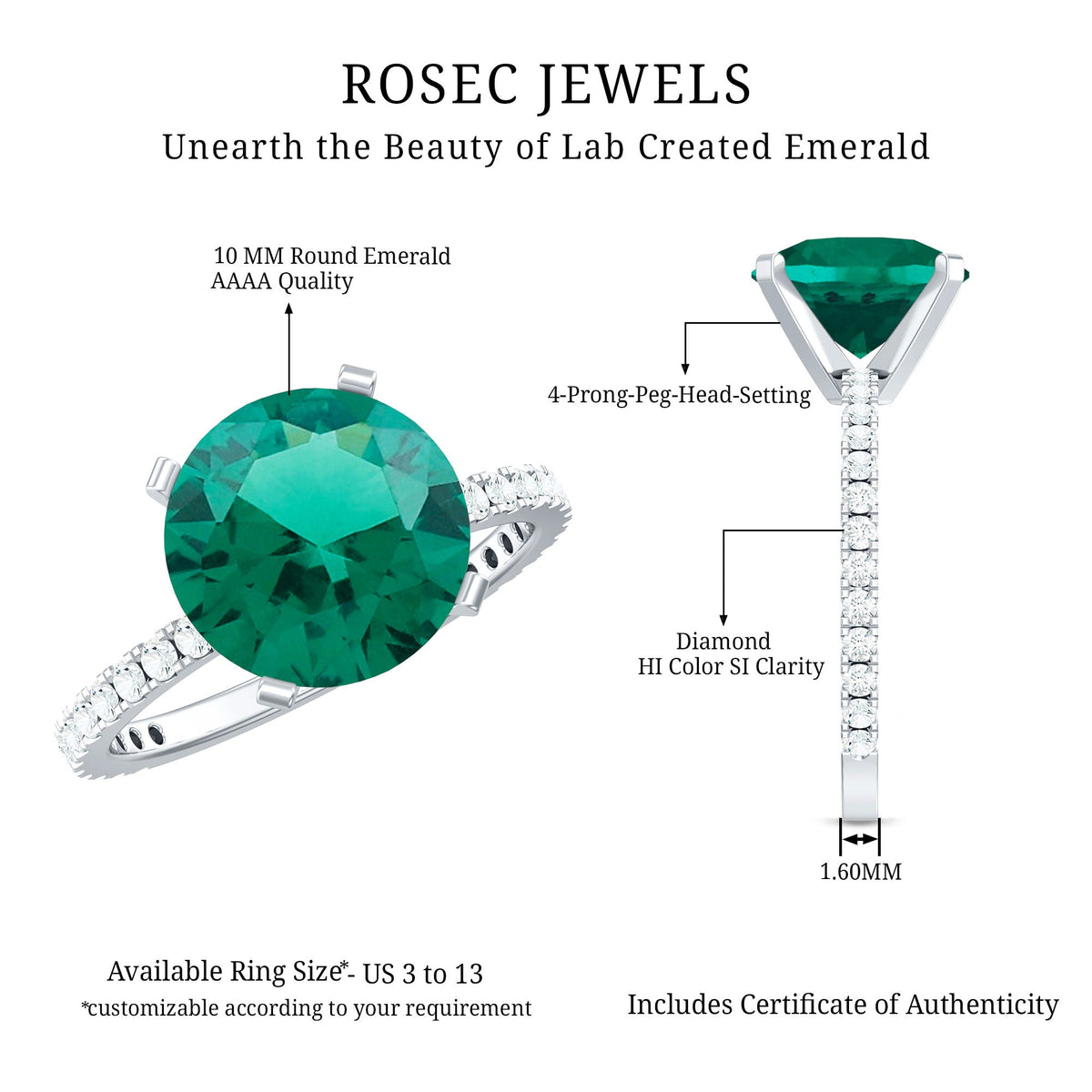 Certified 3.5 Carat Solitaire Lab Grown Emerald Engagement Ring with Diamond