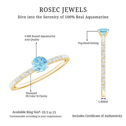 Real Aquamarine Solitaire Ring with Diamond Side Stones