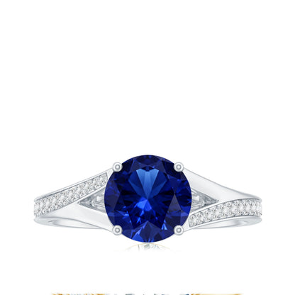 2.7 Carat Round Lab Grown Blue Sapphire Engagement Ring with Diamond Split Shank