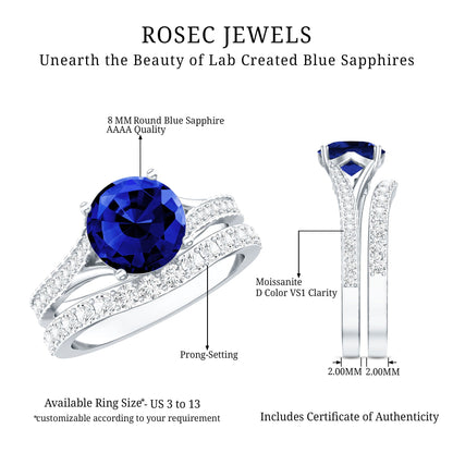 Certified 2.7 Carat Lab Grown Blue Sapphire Engagement Wedding Ring Set with Moissanite