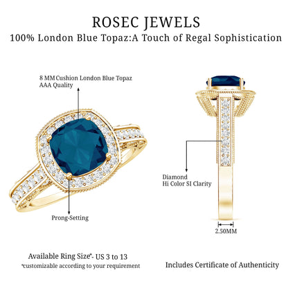 2.8 Carat Cushion Cut London Blue Topaz Halo Engagement Ring with Diamond