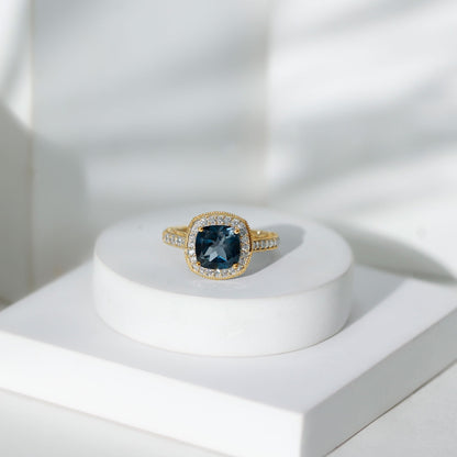 2.8 Carat Cushion Cut London Blue Topaz Halo Engagement Ring with Diamond