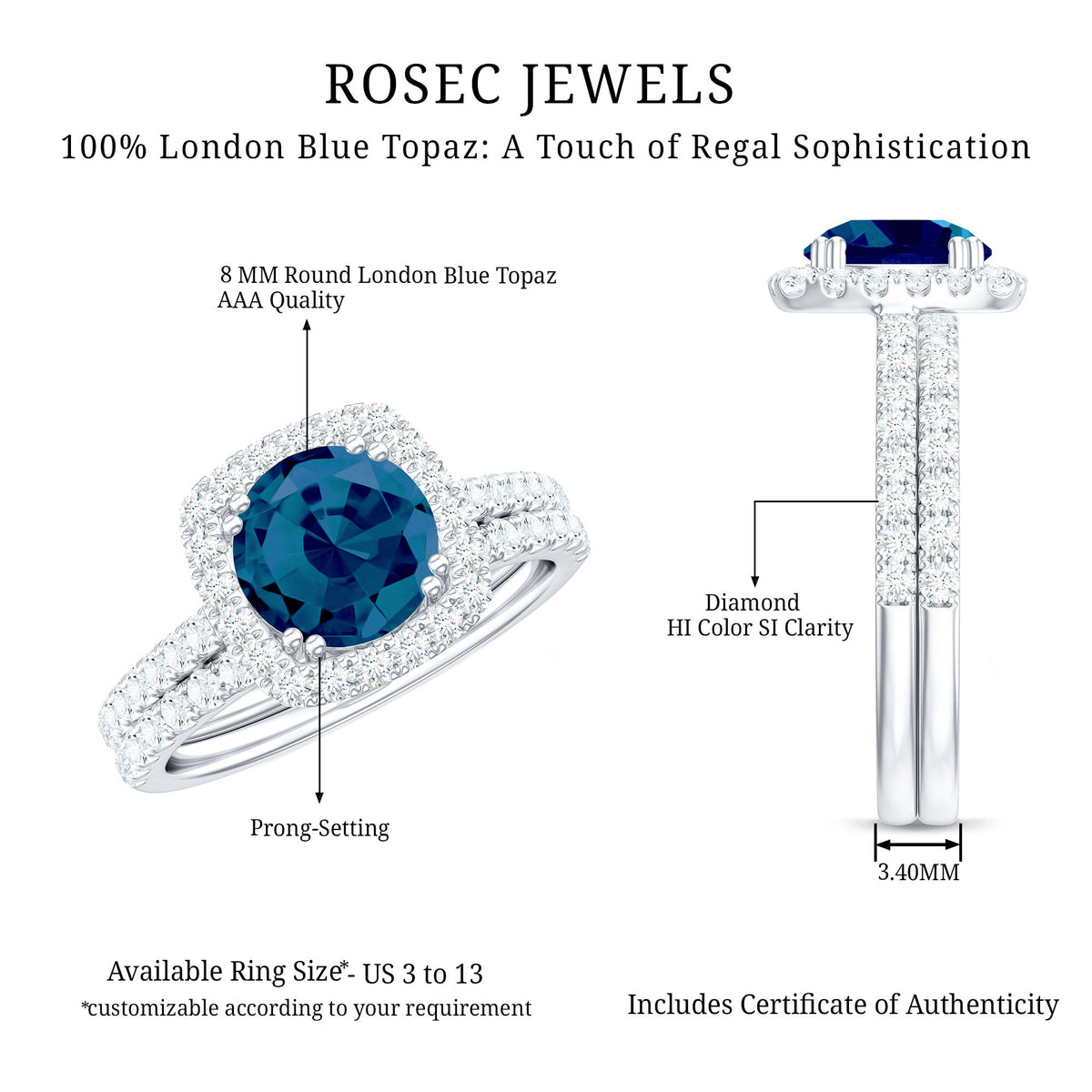 Genuine Blue Topaz and Diamond Halo Wedding Ring Set