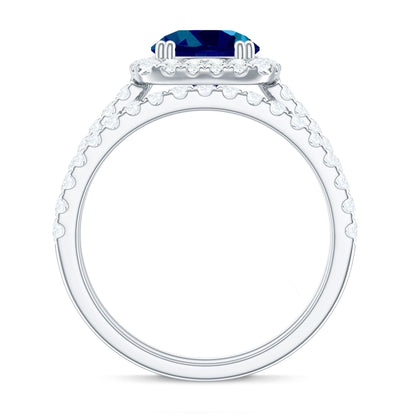 Genuine Blue Topaz and Diamond Halo Wedding Ring Set