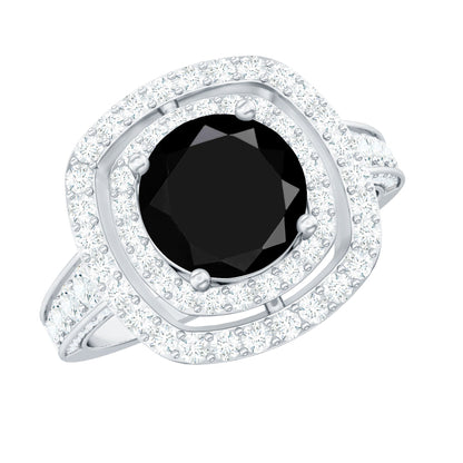 Certified 2 Carat Black Onyx Statement Engagement Ring with Diamond Double Halo