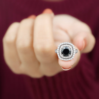 Certified 2 Carat Black Onyx Statement Engagement Ring with Diamond Double Halo