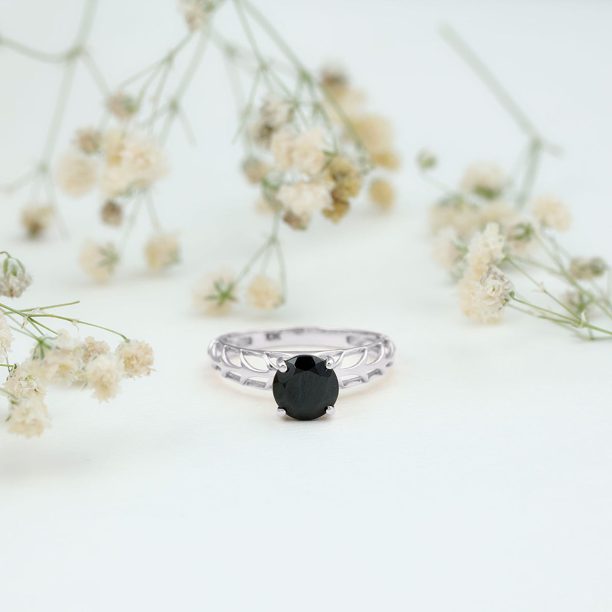 Round Cut Solitaire Black Onyx Engagement Ring with Certificate
