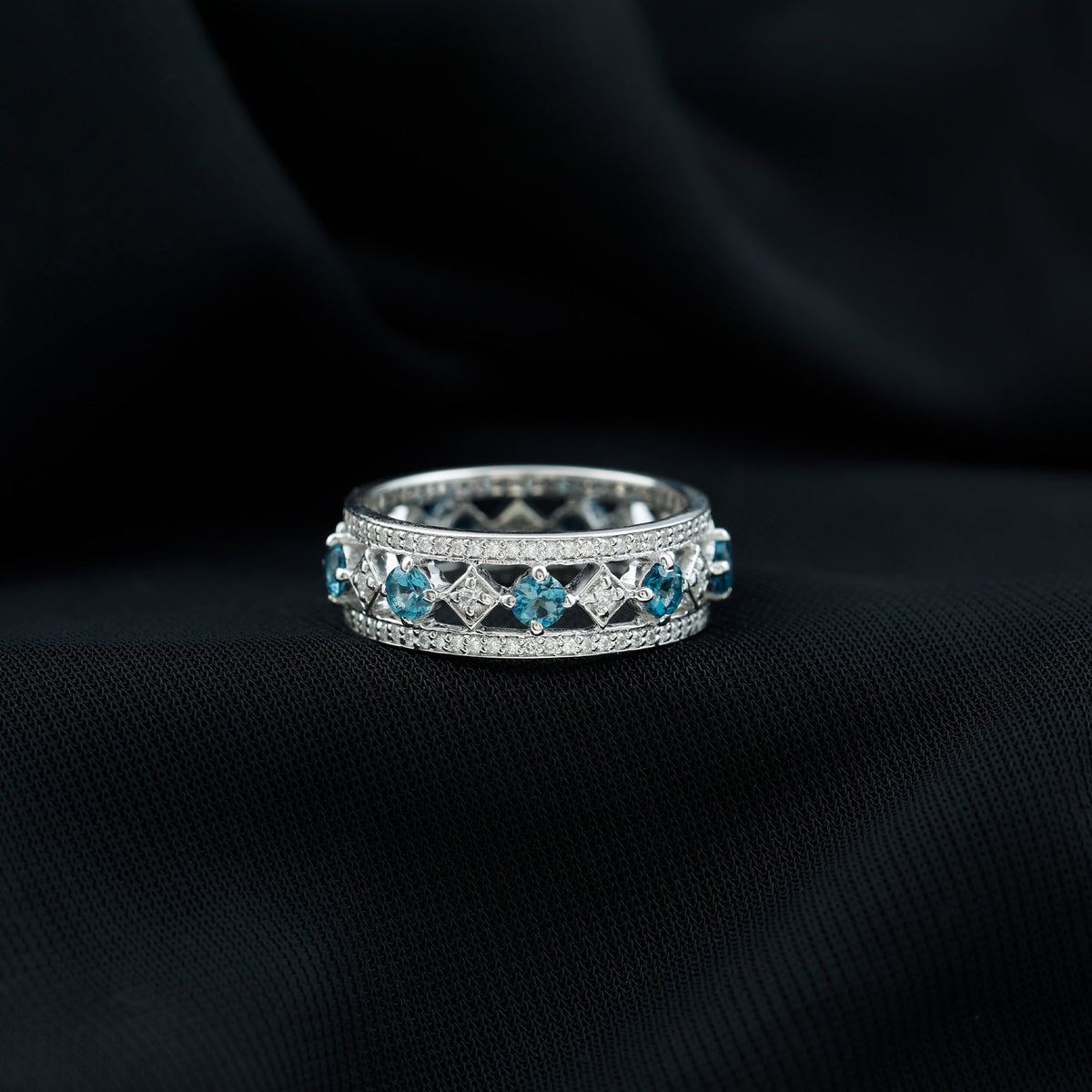 London Blue Topaz Vintage Inspired Eternity Band with Diamond