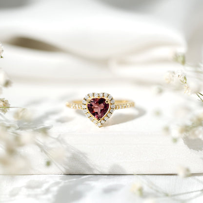 Heart Shape Pink Tourmaline Engagement Ring with Diamond Halo