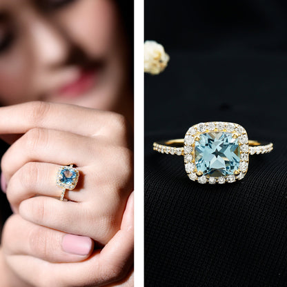 2 Carat Cushion Cut Sky Blue Topaz and Diamond Engagement Ring