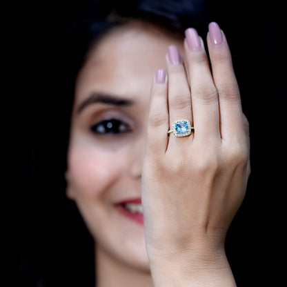 2 Carat Cushion Cut Sky Blue Topaz and Diamond Engagement Ring