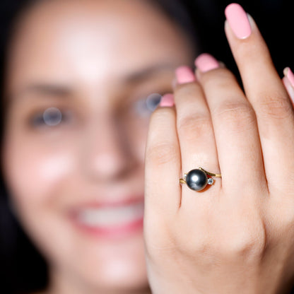 Natural Tahitian Black Pearl Diamond Vintage Engagement Ring