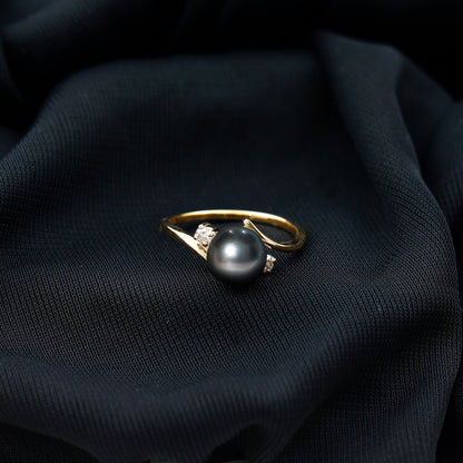 Natural Tahitian Black Pearl Diamond Vintage Engagement Ring