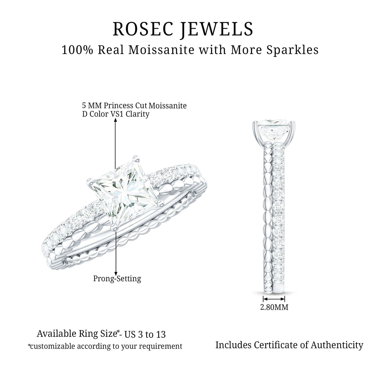Certified Moissanite Square Cut Engagement Ring For Women