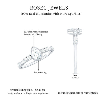 0.7 Carat Pear Cut Moissanite Solitaire Engagement Ring with Beaded Details