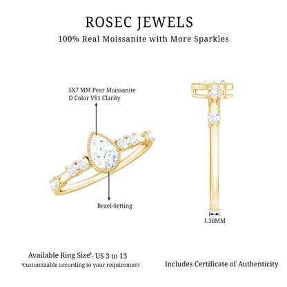 0.7 Carat Pear Cut Moissanite Solitaire Engagement Ring with Beaded Details