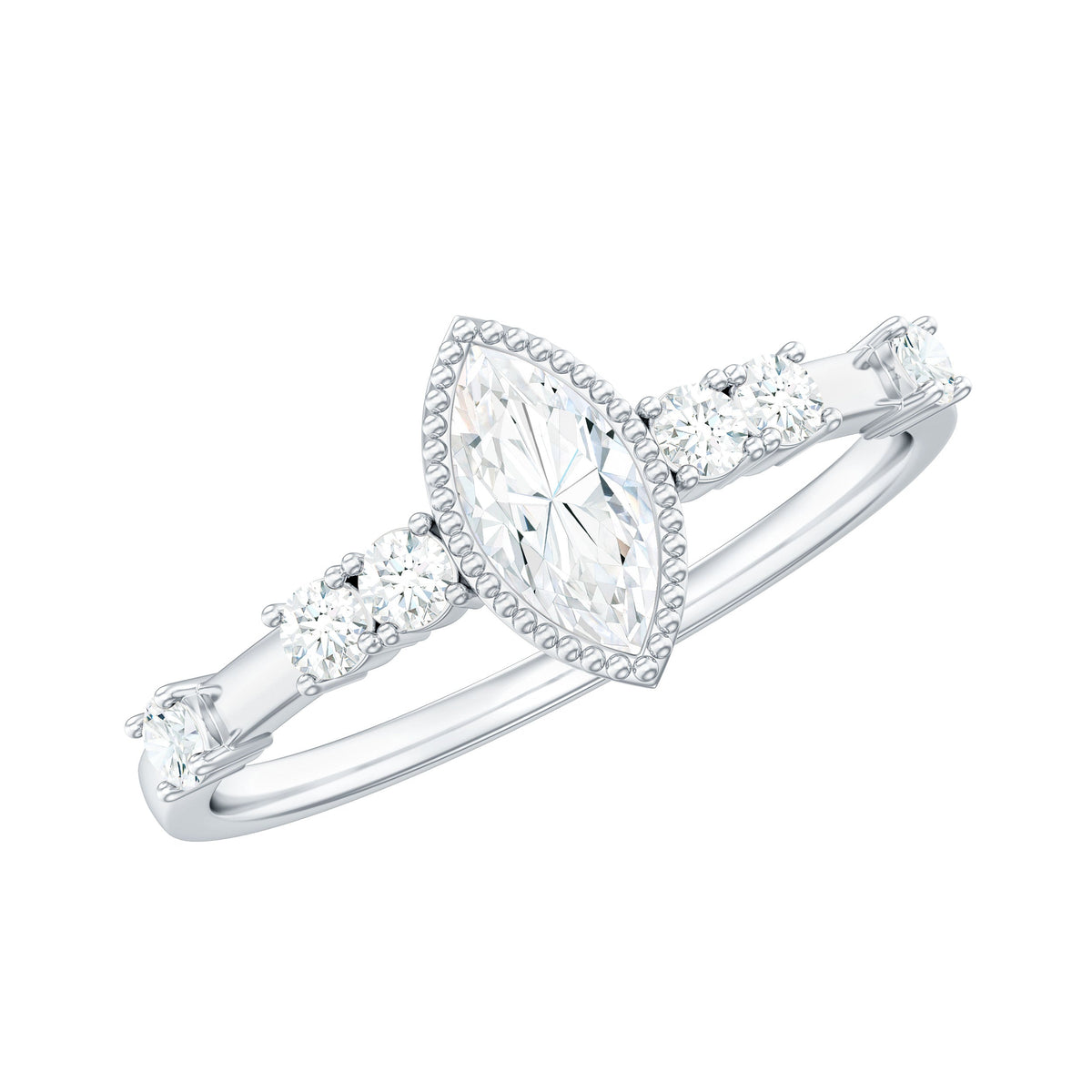Marquise Cut Moissanite Beaded Solitaire Ring