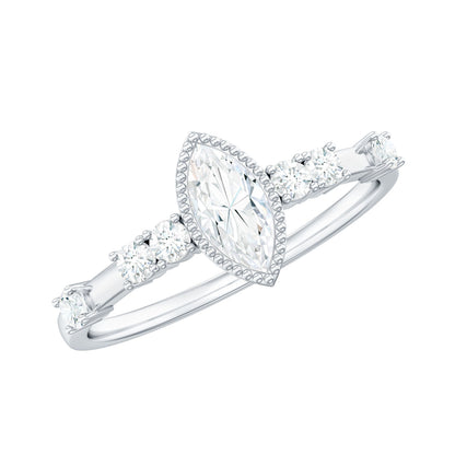 Marquise Cut Moissanite Beaded Solitaire Ring