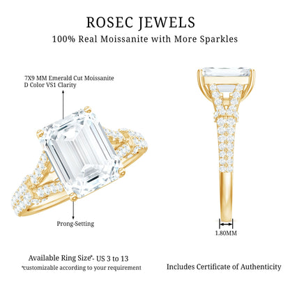 2.8 Carat Emerald Cut Moissanite Split Shank Engagement Ring for Women