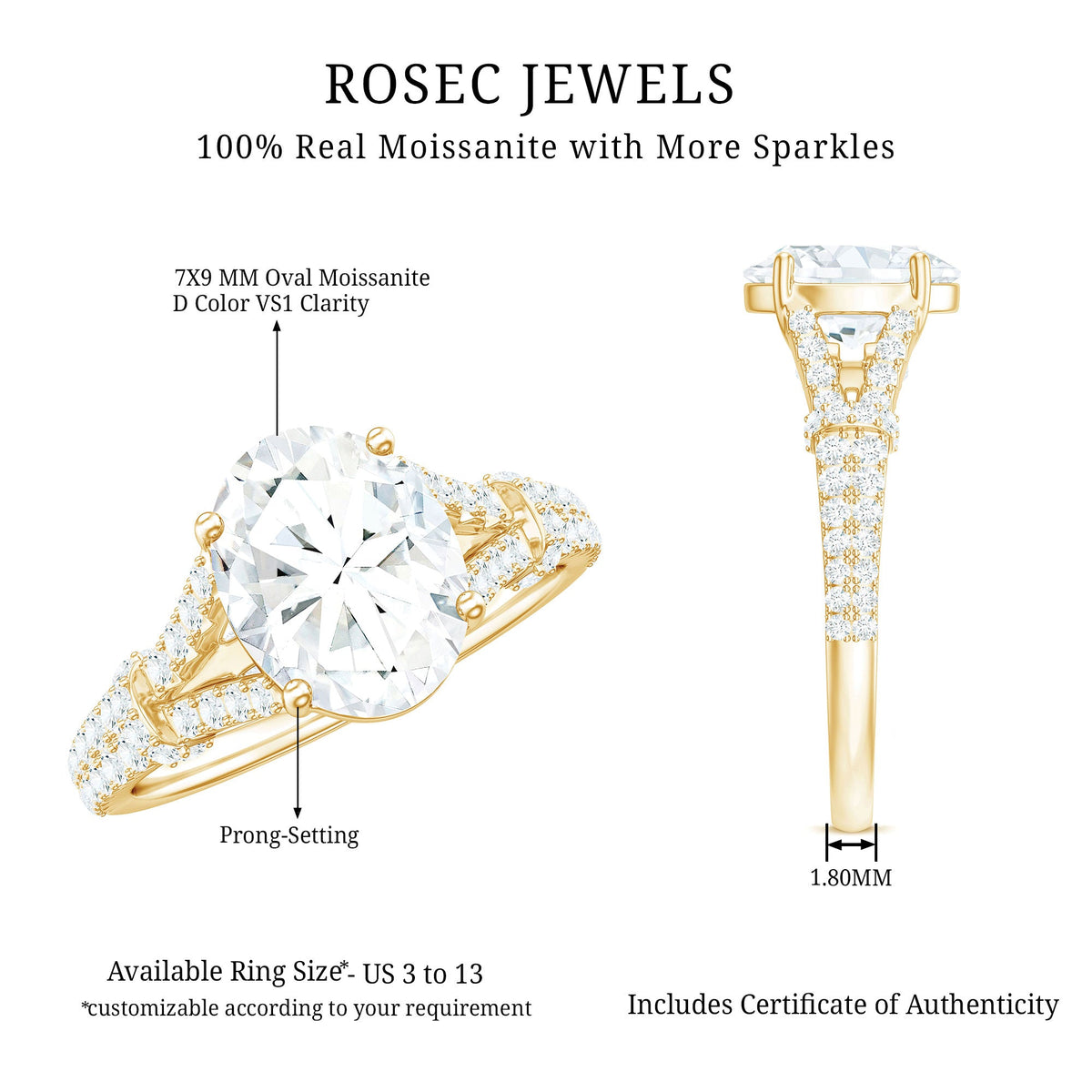 2 Carat Oval Cut Moissanite Statement Engagement Ring with Split Shank