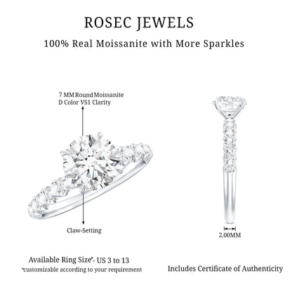 Round Cut Moissanite Solitaire Engagement Ring with Side Stones