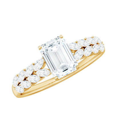 Certified Moissanite Emerald Cut Engagement Ring with Side Stones