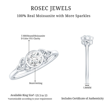 Bezel Set Moissanite Promise Ring with Celtic Knot Details