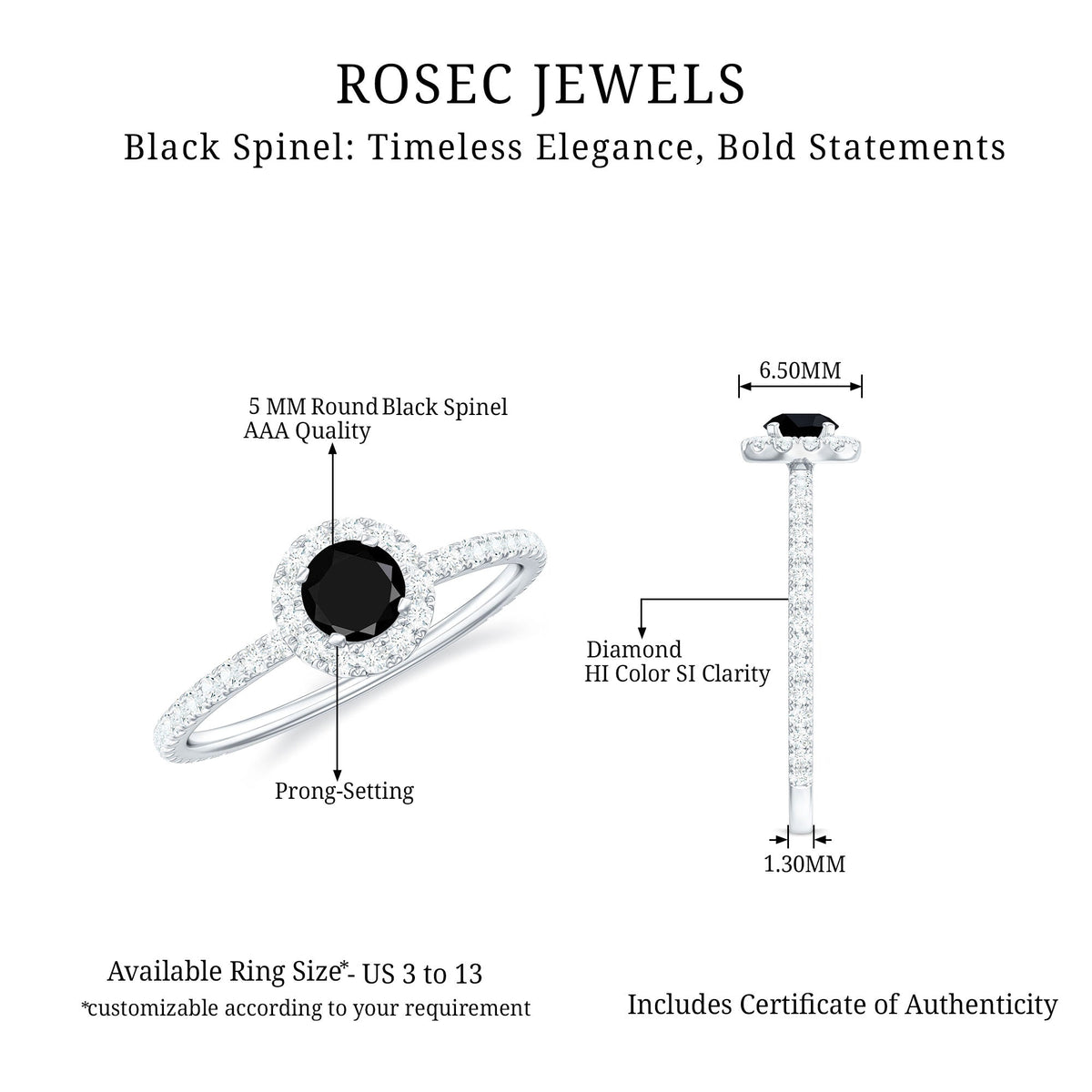 Minimal Black Spinel Engagement Ring with Diamond Halo