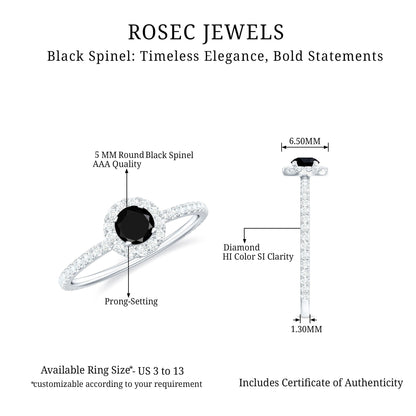 Minimal Black Spinel Engagement Ring with Diamond Halo
