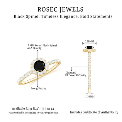 Minimal Black Spinel Engagement Ring with Diamond Halo