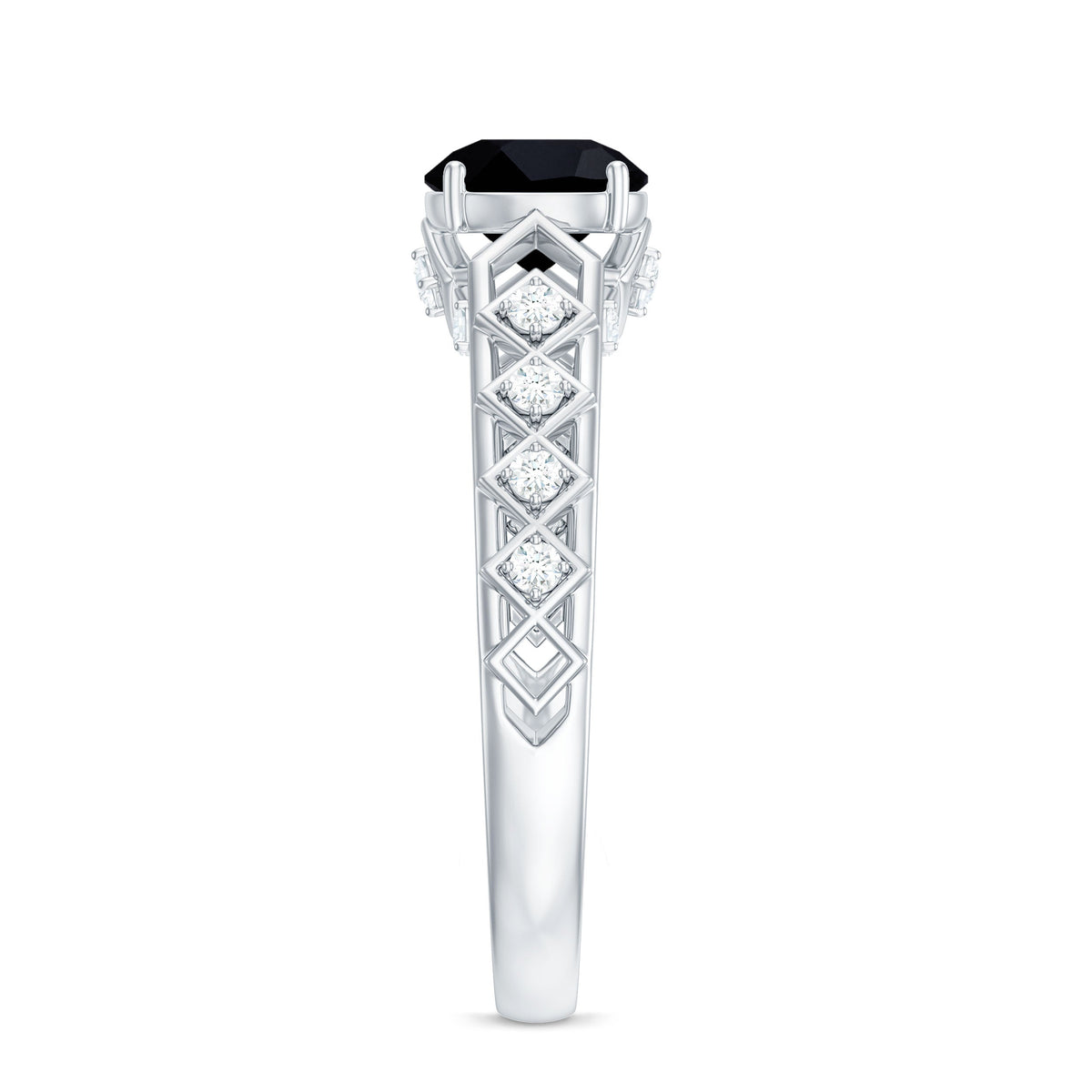 Art Deco Inspired Black Spinel Solitaire Engagement Ring with Diamond