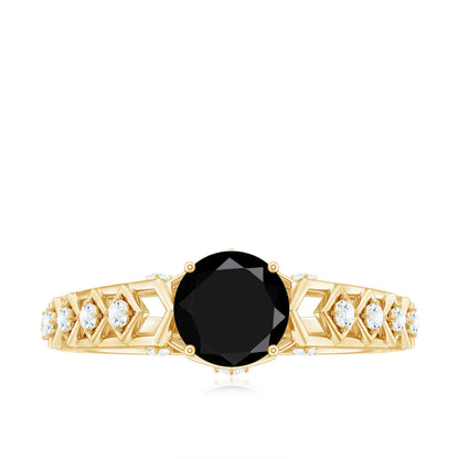 Art Deco Inspired Black Spinel Solitaire Engagement Ring with Diamond