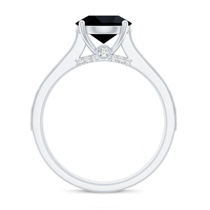 Natural Black Spinel Solitaire Engagement Ring with Diamond Side Stones