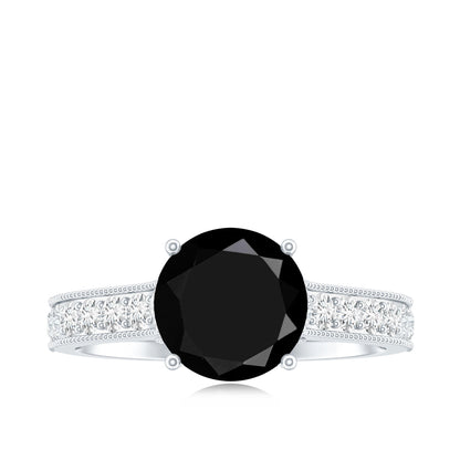 Natural Black Spinel Solitaire Engagement Ring with Diamond Side Stones
