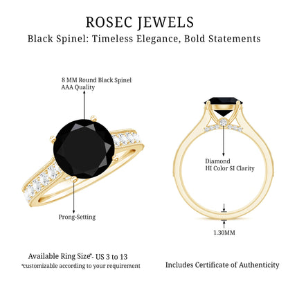 Natural Black Spinel Solitaire Engagement Ring with Diamond Side Stones