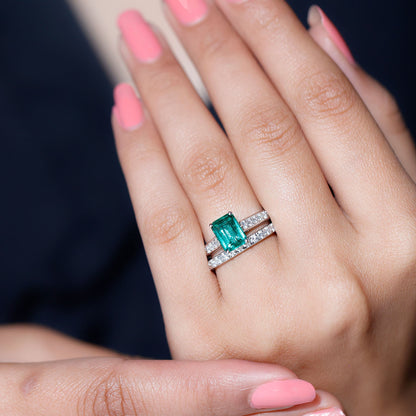 Lab Grown 1.6 Carat Emerald Cut Emerald Engagement Ring with Wedding Band