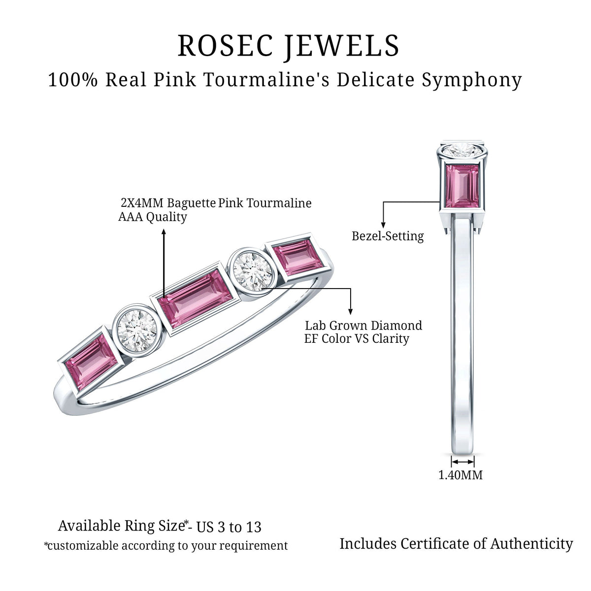 Pink Tourmaline and Diamond Stackable Ring in Bezel Setting