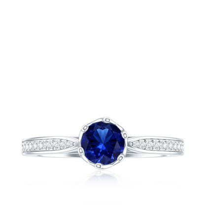 Certified Lab Created Blue Sapphire Minimal Engagement Ring with Diamond Side Stones